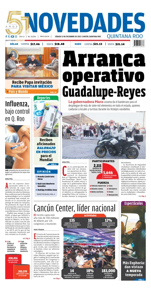 Portada de Novedades Quintana Roo del sábado, 13 de diciembre de 2025
