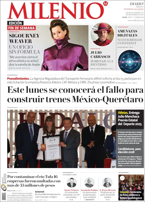 Portada de Milenio Hidalgo del sábado, 13 de diciembre de 2025