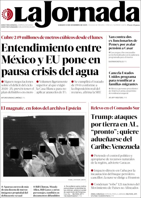 Portada de La Jornada del sábado, 13 de diciembre de 2025