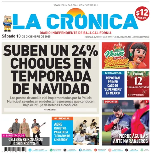 Portada de La Cronica del sábado, 13 de diciembre de 2025