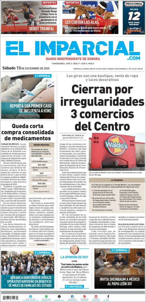 Portada de El Imparcial del sábado, 13 de diciembre de 2025