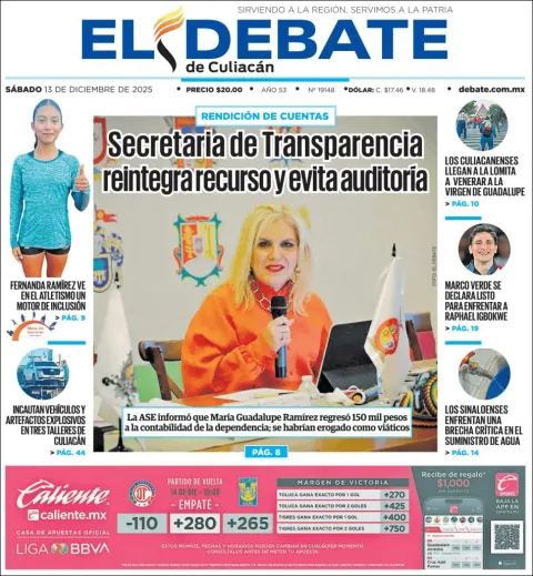 Portada de El Debate de Culiacan del sábado, 13 de diciembre de 2025