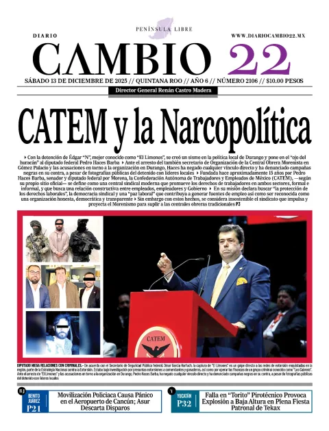 Portada de Diario Cambio 22 (contraportada) del sábado, 13 de diciembre de 2025