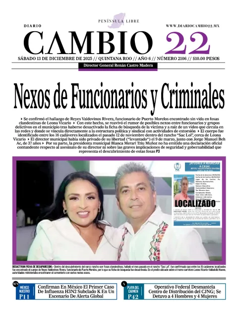 Portada de Diario Cambio 22 (portada) del sábado, 13 de diciembre de 2025