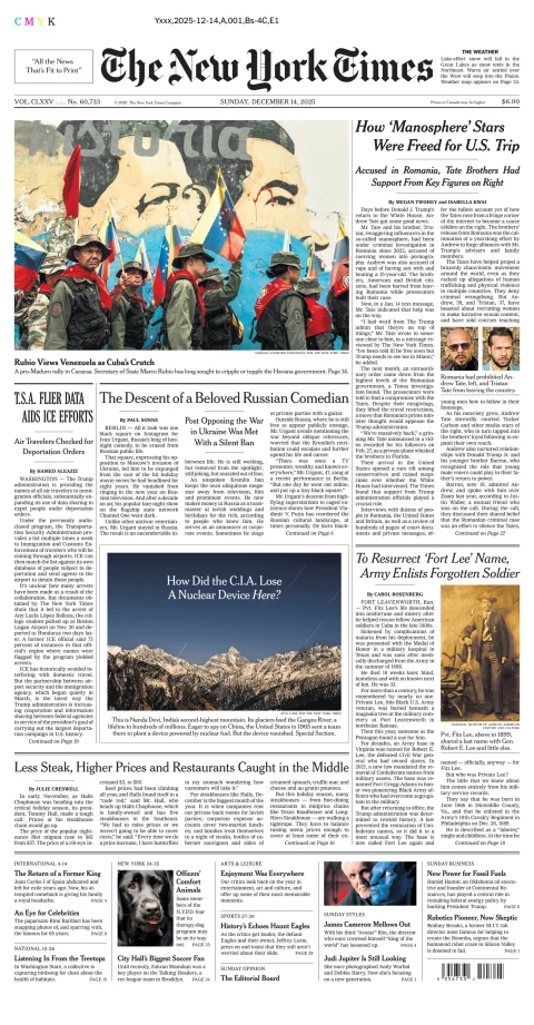 Portada de The New York Times (national) del domingo, 14 de diciembre de 2025