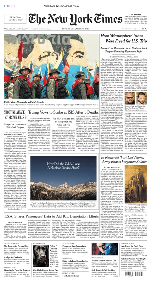 Portada de The New York Times (new York) del domingo, 14 de diciembre de 2025