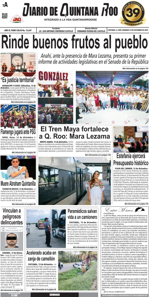 Portada de Diario de Quintana Roo (portada) del domingo, 14 de diciembre de 2025
