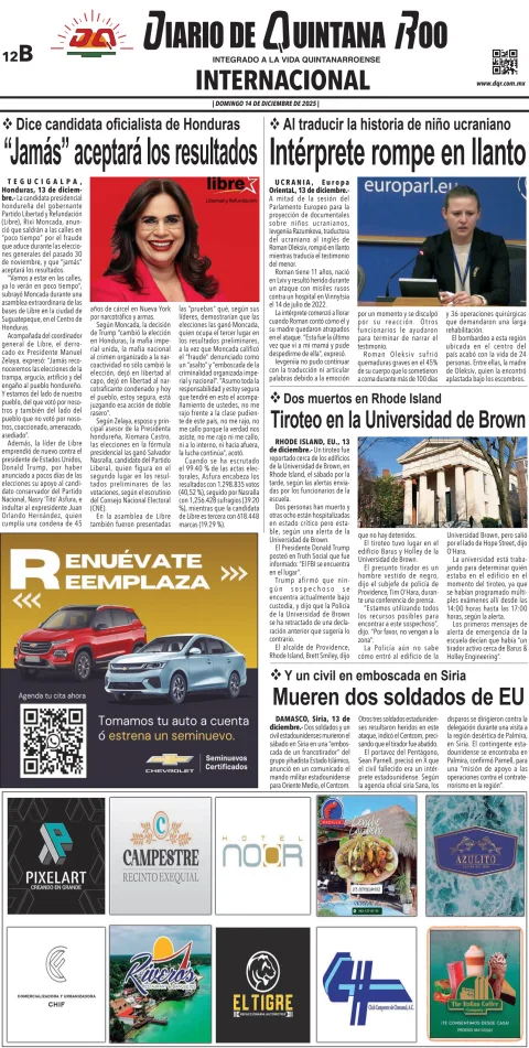 Portada de Diario de Quintana Roo (contra Portada) del domingo, 14 de diciembre de 2025