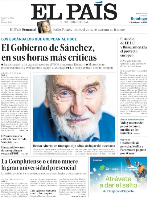 Portada de El Pais del domingo, 14 de diciembre de 2025
