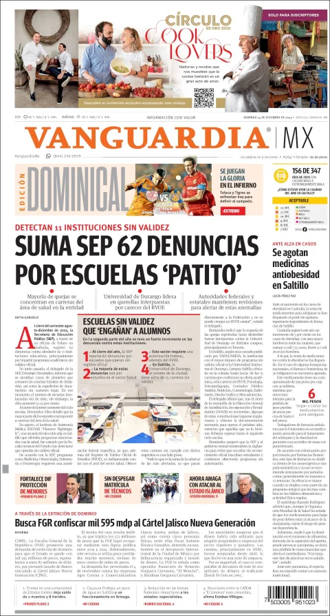 Portada de Vanguardia del domingo, 14 de diciembre de 2025