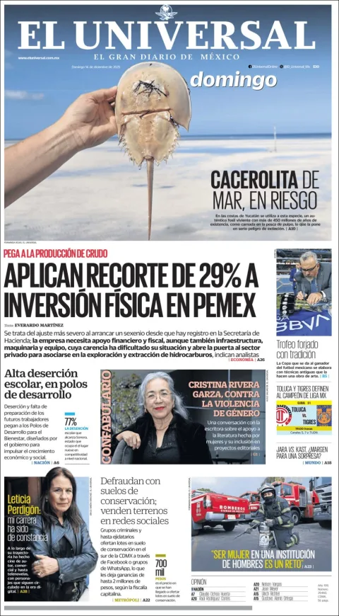 Portada de El Universal del domingo, 14 de diciembre de 2025