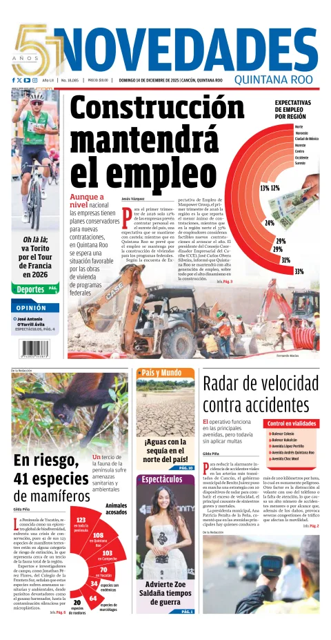 Portada de Novedades Quintana Roo del domingo, 14 de diciembre de 2025