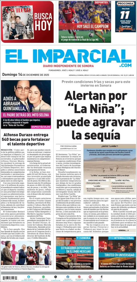 Portada de El Imparcial del domingo, 14 de diciembre de 2025