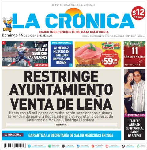 Portada de La Cronica del domingo, 14 de diciembre de 2025