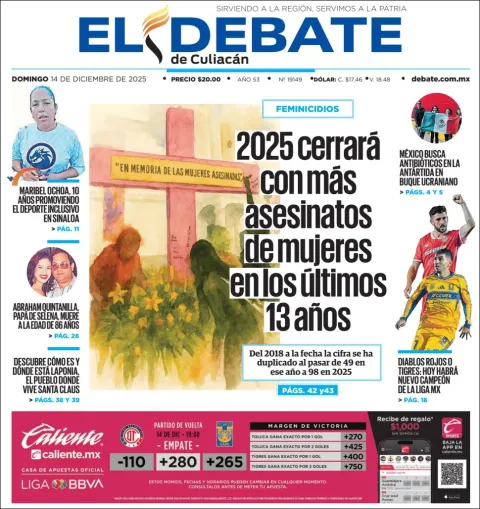 Portada de El Debate de Culiacan del domingo, 14 de diciembre de 2025