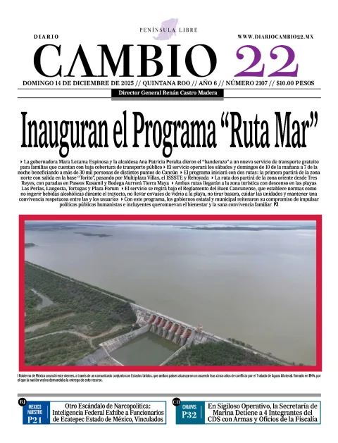 Portada de Diario Cambio 22 (contraportada) del domingo, 14 de diciembre de 2025