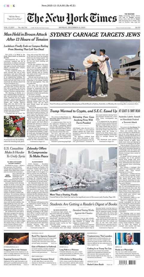 Portada de The New York Times (new York) del lunes, 15 de diciembre de 2025