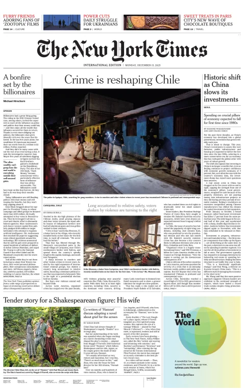 Portada de The New York Times (international) del lunes, 15 de diciembre de 2025