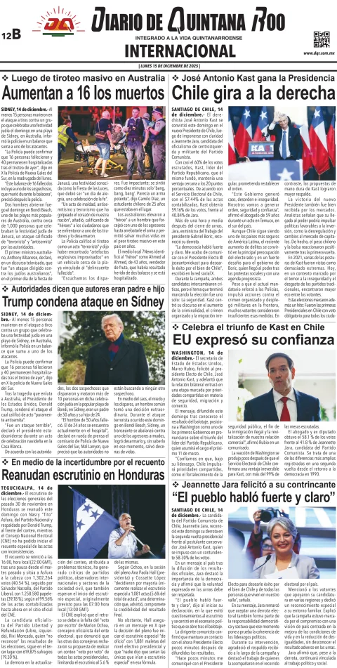 Portada de Diario de Quintana Roo (contra Portada) del lunes, 15 de diciembre de 2025