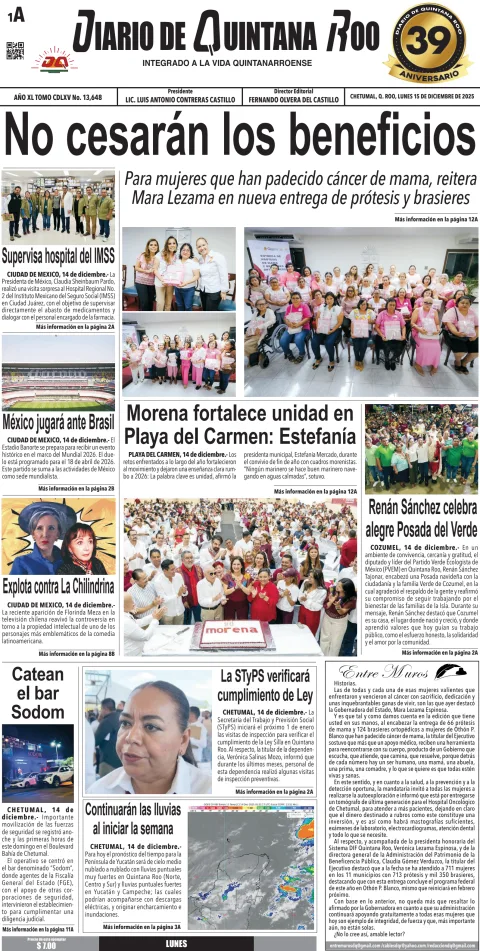 Portada de Diario de Quintana Roo (portada) del lunes, 15 de diciembre de 2025