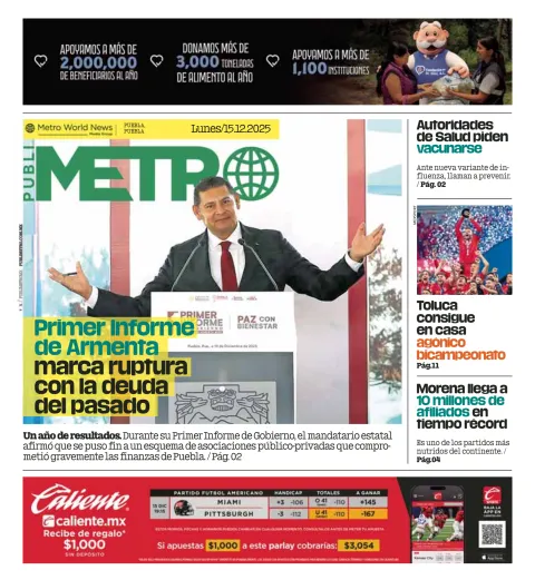 Portada de Publimetro Puebla del lunes, 15 de diciembre de 2025