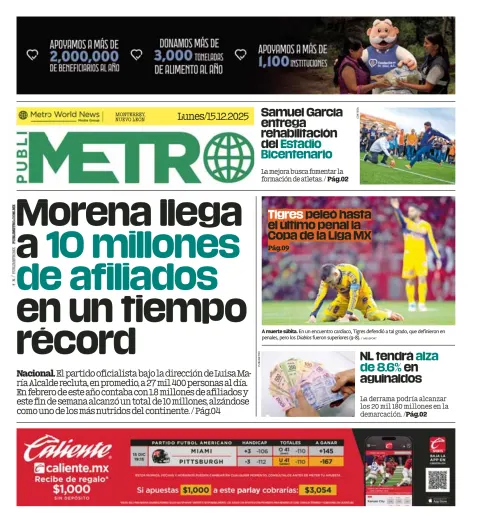 Portada de Publimetro Monterrey del lunes, 15 de diciembre de 2025