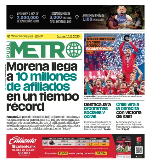 Portada de Publimetro Nacional del lunes, 15 de diciembre de 2025