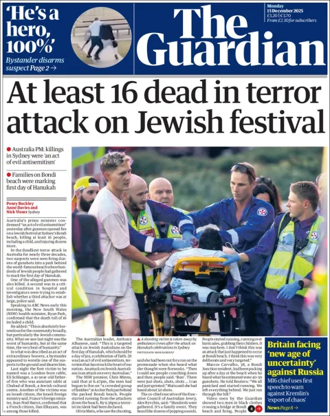 Portada de The Guardian (reino Unido) del lunes, 15 de diciembre de 2025
