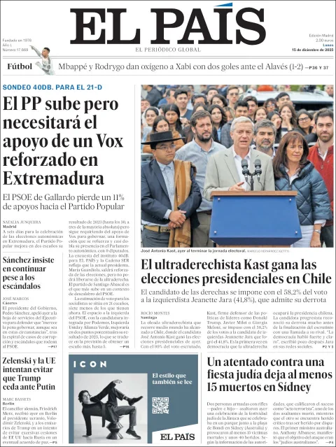 Portada de El Pais del lunes, 15 de diciembre de 2025