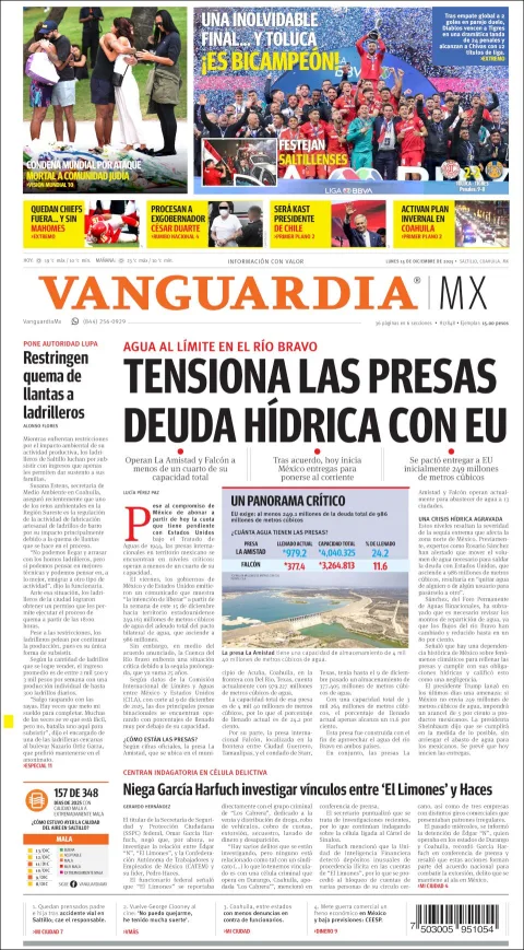 Portada de Vanguardia del lunes, 15 de diciembre de 2025