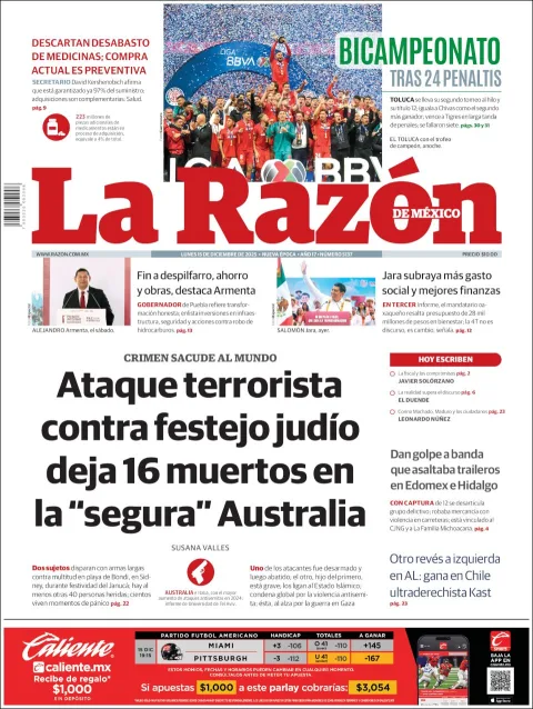 Portada de La Razon del lunes, 15 de diciembre de 2025