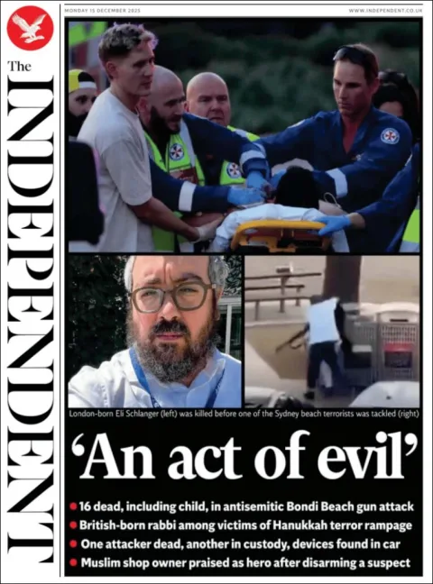 Portada de The Independent del lunes, 15 de diciembre de 2025