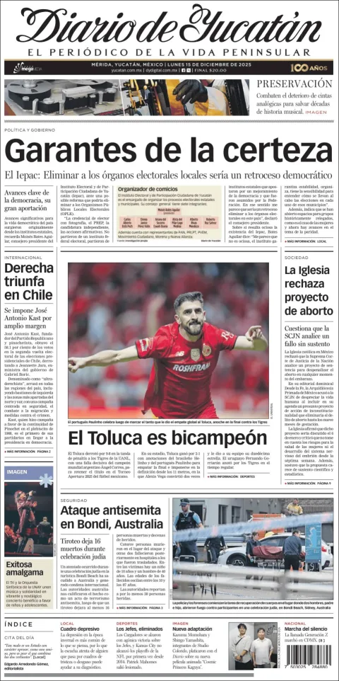 Portada de Diario de Yucatán del lunes, 15 de diciembre de 2025