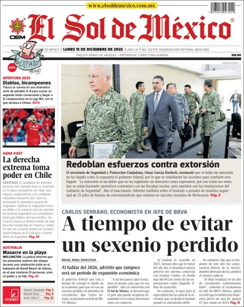 Portada de El Sol de Mexico del lunes, 15 de diciembre de 2025