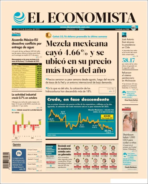 Portada de El Economista del lunes, 15 de diciembre de 2025