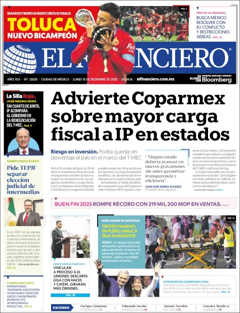 Portada de El Financiero del lunes, 15 de diciembre de 2025