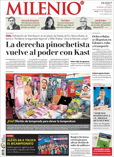 Portada de Milenio del lunes, 15 de diciembre de 2025