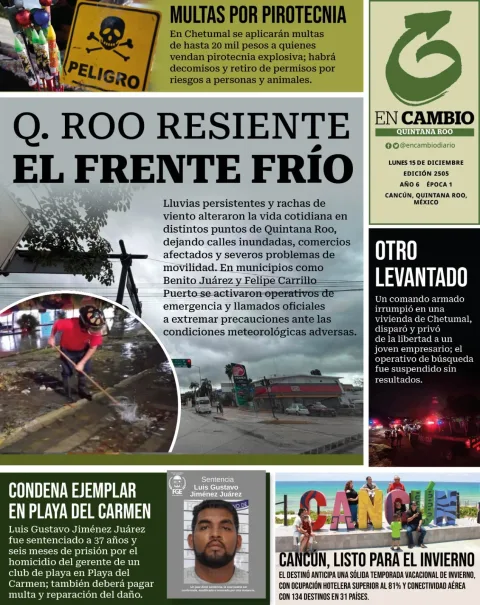 Portada de En Cambio - Quintana Roo (contraportada) del lunes, 15 de diciembre de 2025