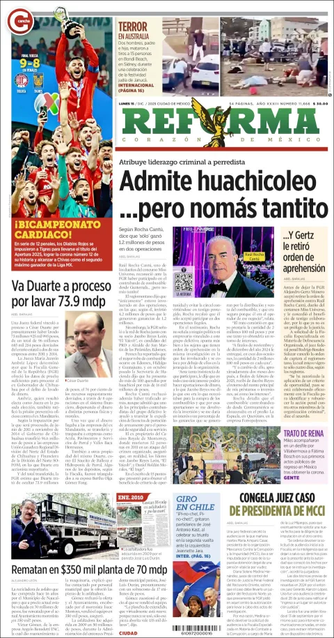 Portada de Reforma del lunes, 15 de diciembre de 2025