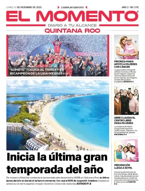 Portada de El Momento Quintana Roo del lunes, 15 de diciembre de 2025