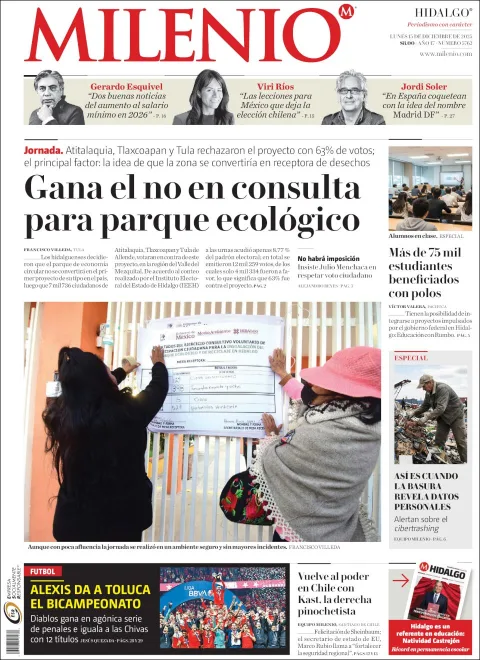 Portada de Milenio Hidalgo del lunes, 15 de diciembre de 2025
