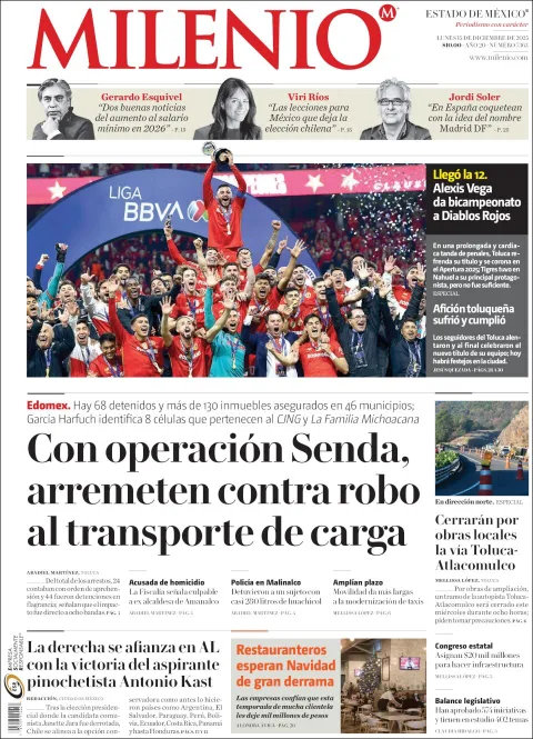 Portada de Milenio Edo de Mexico del lunes, 15 de diciembre de 2025