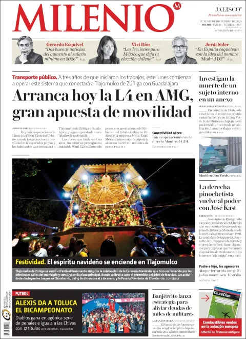 Portada de Milenio Jalisco del lunes, 15 de diciembre de 2025