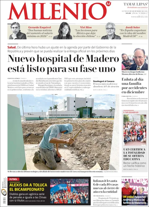 Portada de Milenio Tamaulipas del lunes, 15 de diciembre de 2025