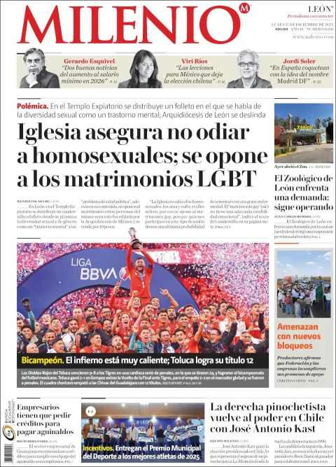 Portada de Milenio Leon del lunes, 15 de diciembre de 2025