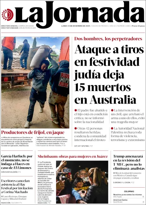 Portada de La Jornada del lunes, 15 de diciembre de 2025