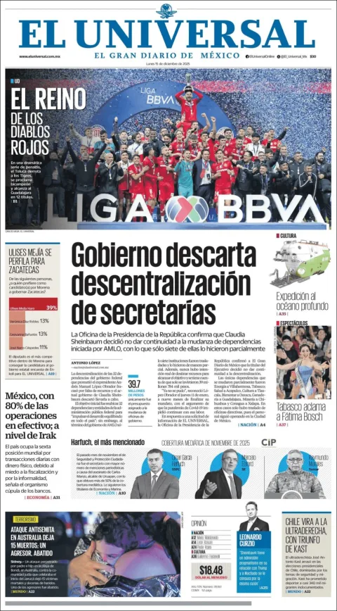 Portada de El Universal del lunes, 15 de diciembre de 2025
