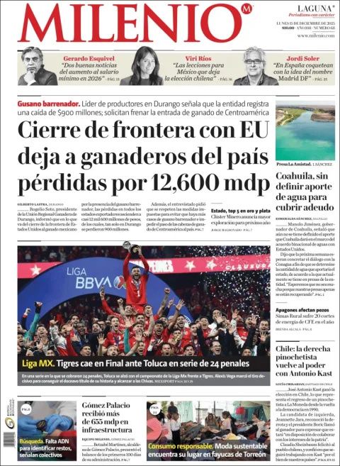 Portada de Milenio Laguna del lunes, 15 de diciembre de 2025