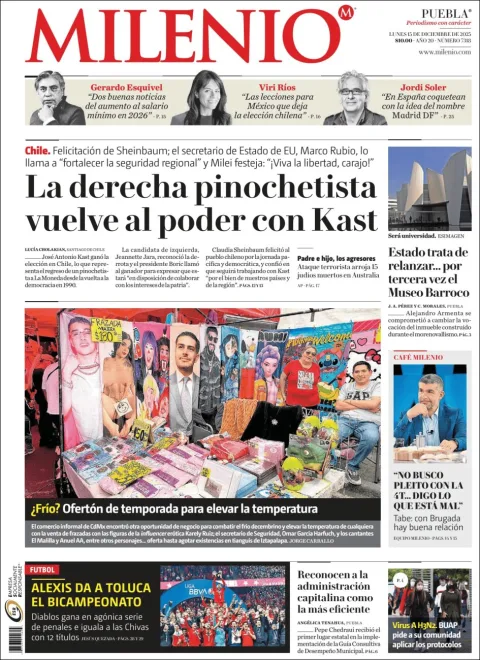 Portada de Milenio Puebla del lunes, 15 de diciembre de 2025