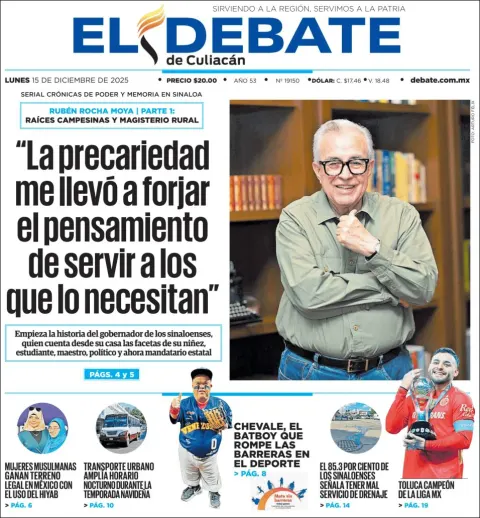 Portada de El Debate de Culiacan del lunes, 15 de diciembre de 2025